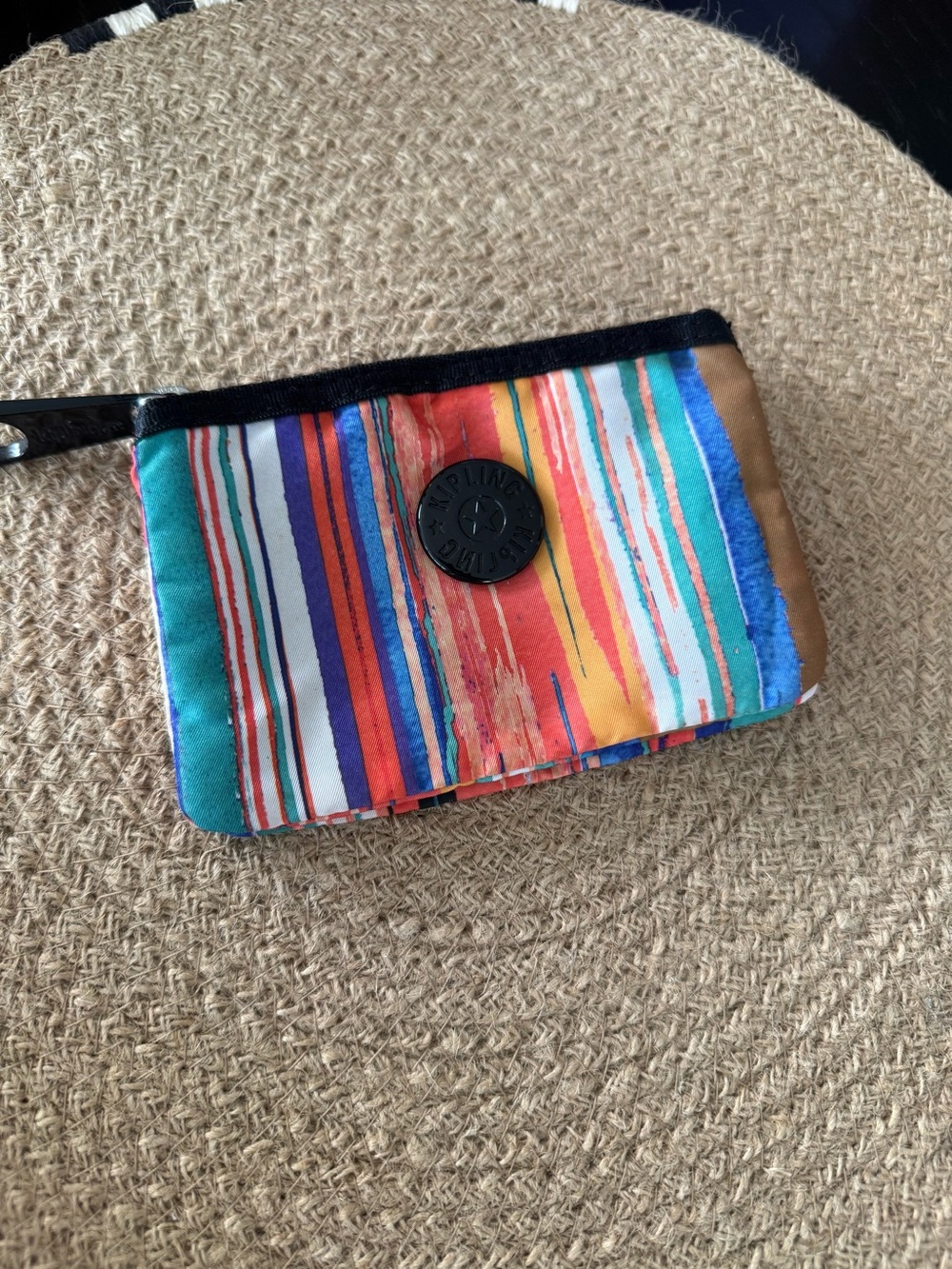 Kipling Multicolor Striped Wristlet Pouch with Turquoise, Orange, Red & Blue